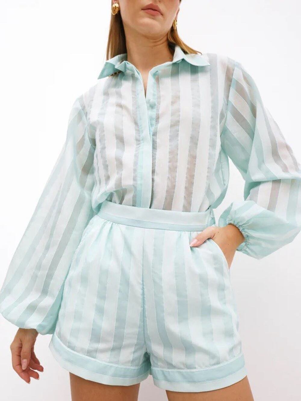 NWT Vita Grace Reina Stripe Day Blouse Front Pocket Shorts Co Ord Aqua Blue M